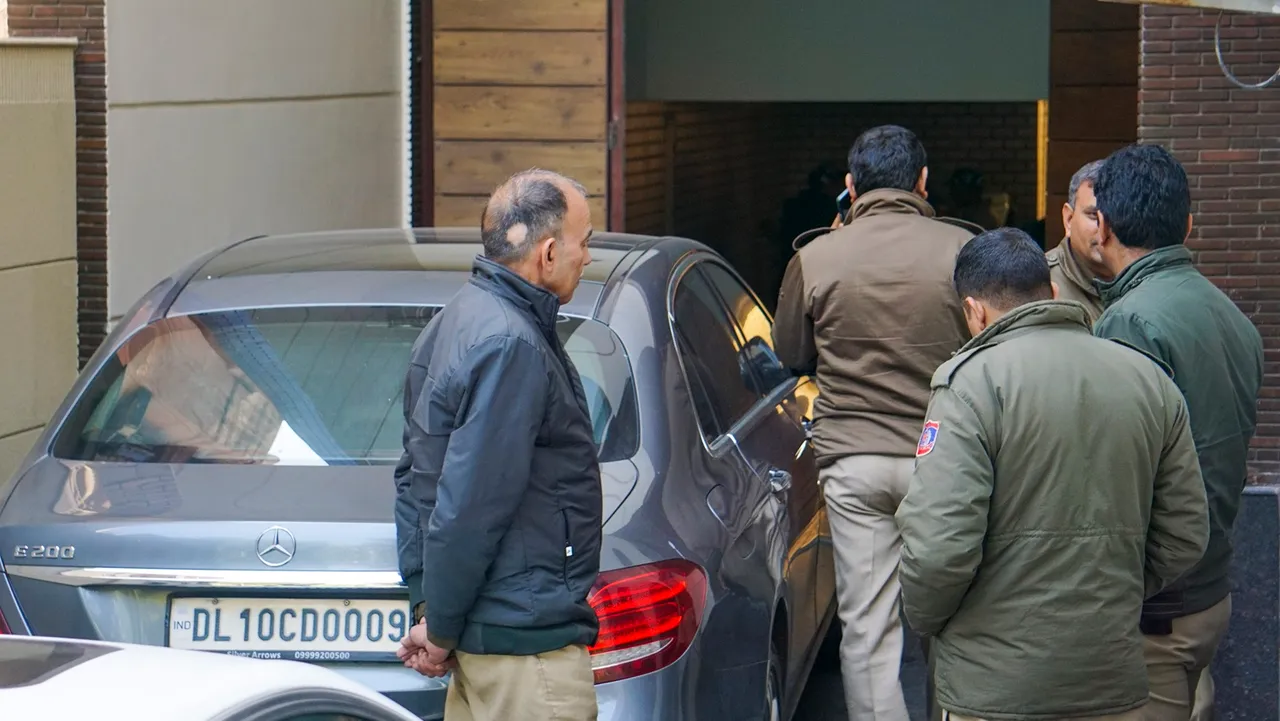 Police personnel during Enforcement Directorate's (ED) raid at the residence of AAP Rajya Sabha MP and national treasurer ND Gupta, in New Delhi