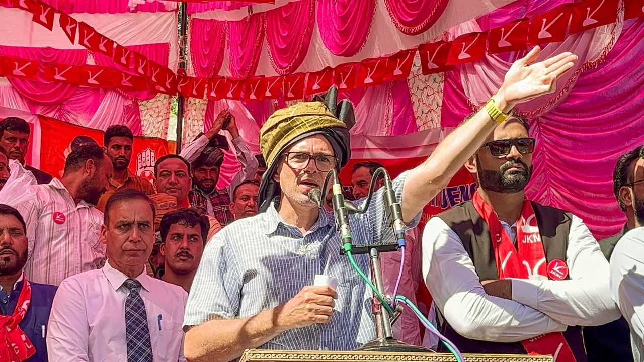 National Conference Vice President Omar Abdullah addresses a public meeting ahead of the second phase of Jammu and Kashmir Assembly elections, at Mendhar in Poonch district, J&K, Friday, Sept. 20, 2024.