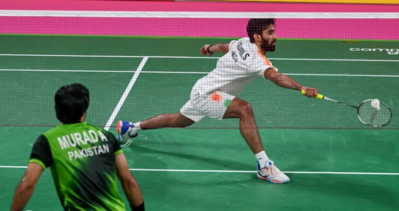 Indian shuttler S.Kidambi in action against Pakistan player Ali Murad during their Commonwealth Games 2022 match, in Birmingham,UK, Friday