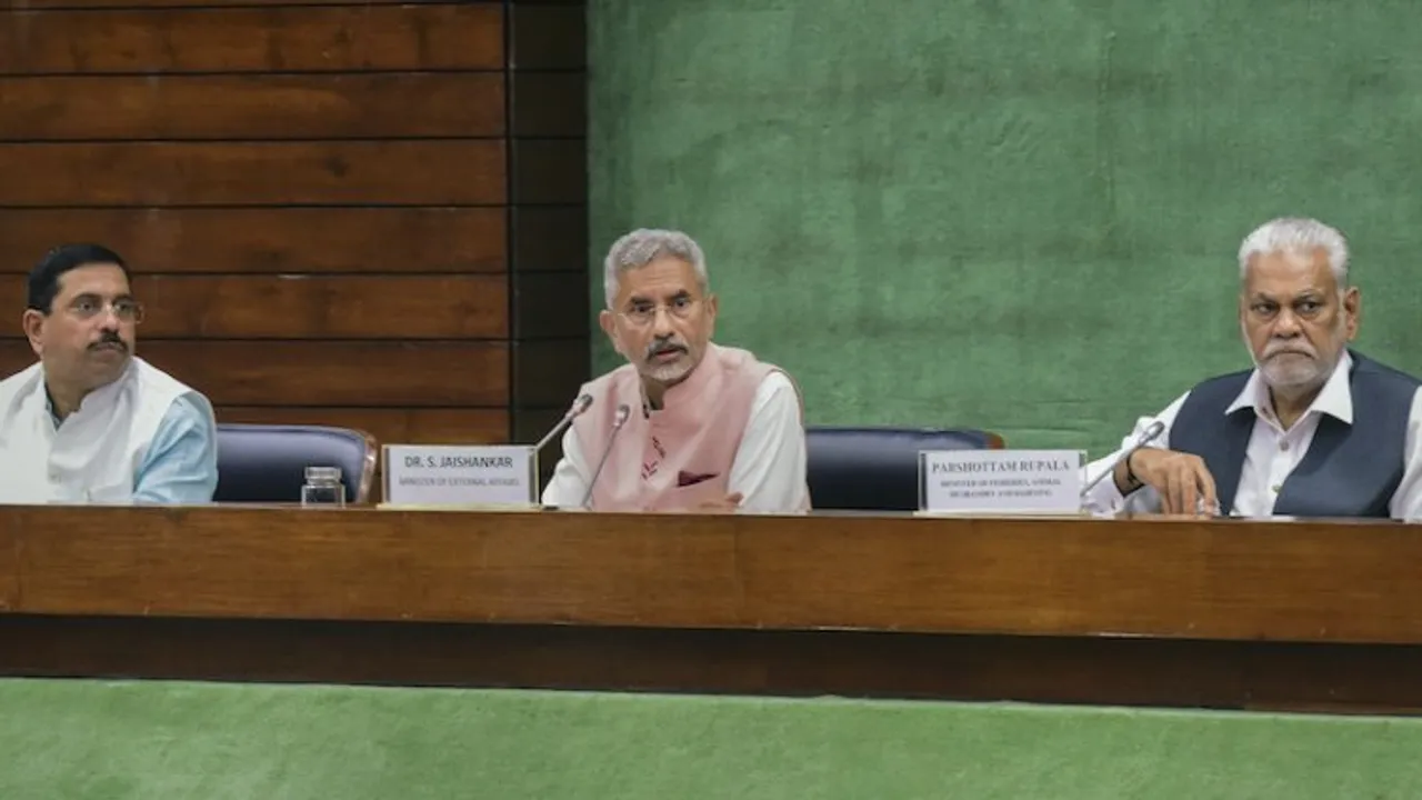 External Affairs Minister S. Jaishankar with Union Ministers Pralhad Joshi and Parshottam Rupala during a meeting with Floor Leaders of political parties regarding Present Situation in Sri Lanka, in New Delhi, Tuesday, July 19