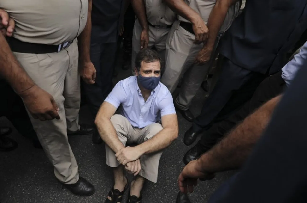 Police detain Congress MP Rahul Gandhi during a protest march from Parliament to Rashtrapati Bhawan against EDs interrogation of the partys interim President Sonia Gandhi in the National Herald case, in New Delhi