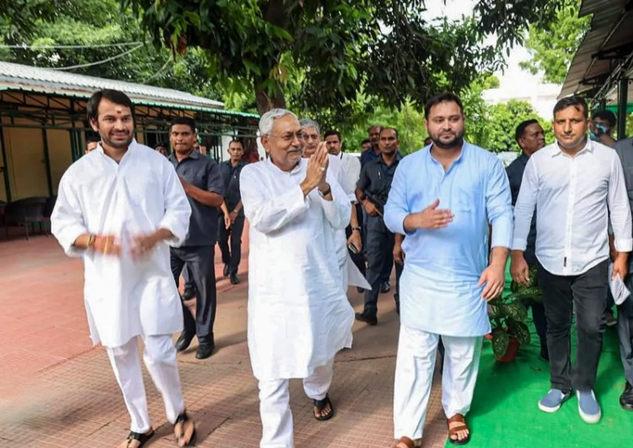 Bihar chief minister Nitish Kumar with Tejashwi and Tej Pratav Yadav