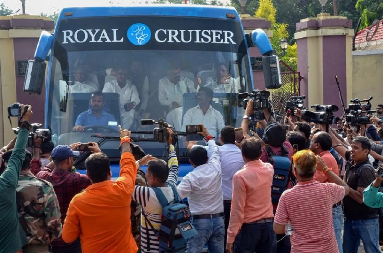 Jharkhand CM Hemant Soren with UPA MLAs in a bus