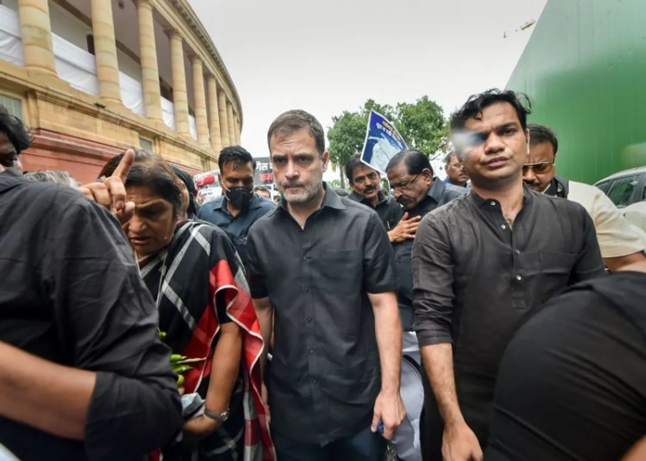 Rahul Gandhi leading Congress MPs in Parliament
