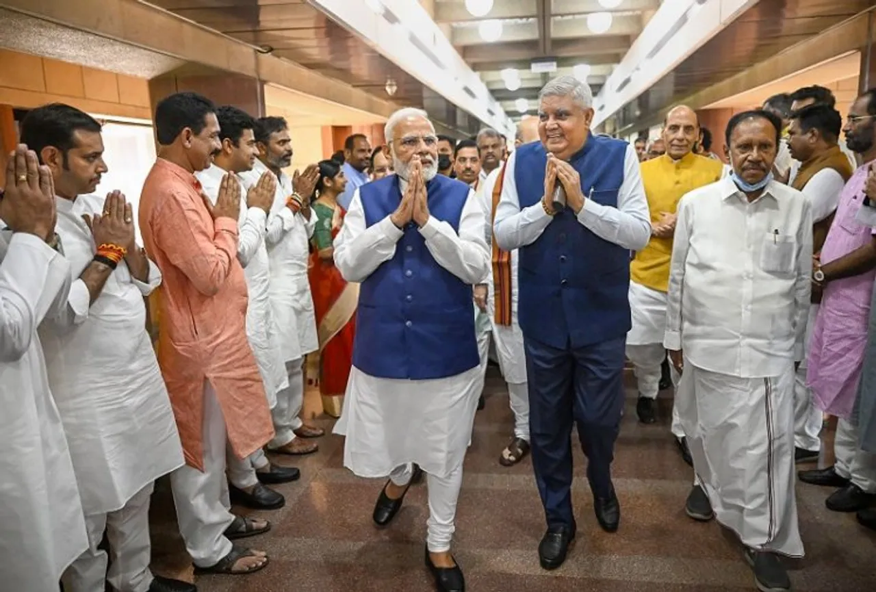 Jagdeep Dhankar with Narendra Modi after filing nomination for Vice-President post