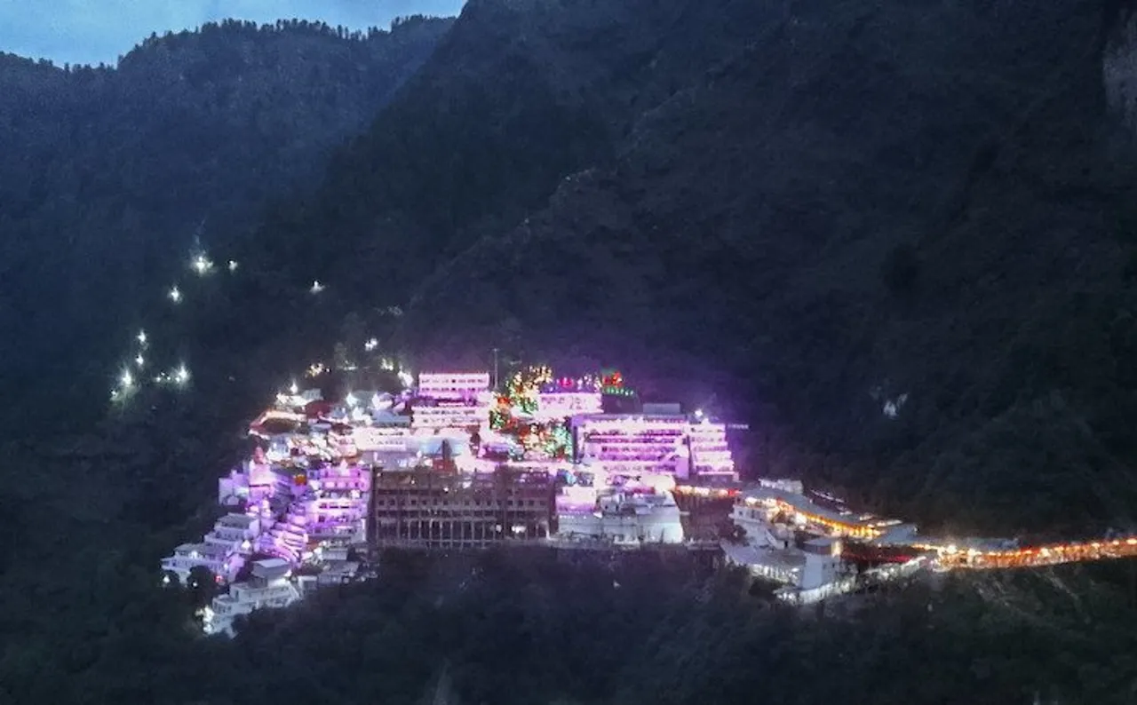 Decorated Mata Vaishno Devi Bhavan ahead of Navratri festival, at Katra in Reasi district, Sunday