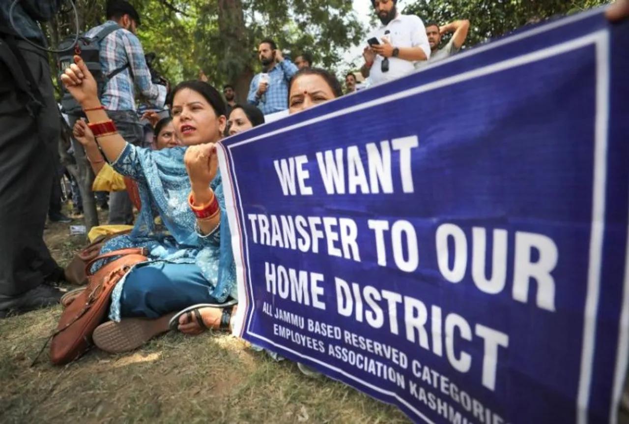 Kashmiri Pandits protesting against targeted killing in the valley