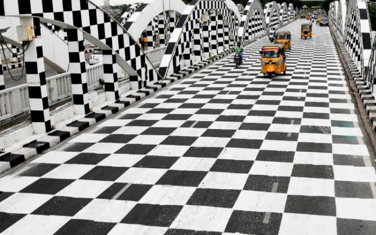 The iconic Napier Bridge next to the Marina Beach in Chennai wearing a chequered look as the city prepares itself to host the 44th Chess Olympiad.