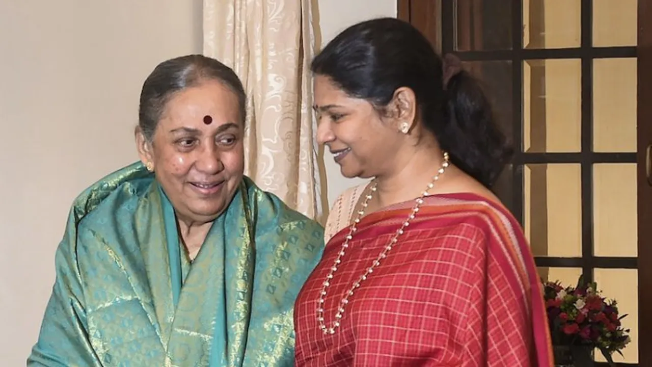 Combined opposition partys vice presidential candidate Margaret Alva with DMK leader Kanimozhi Karunanidhi on Monday in New Delhi
