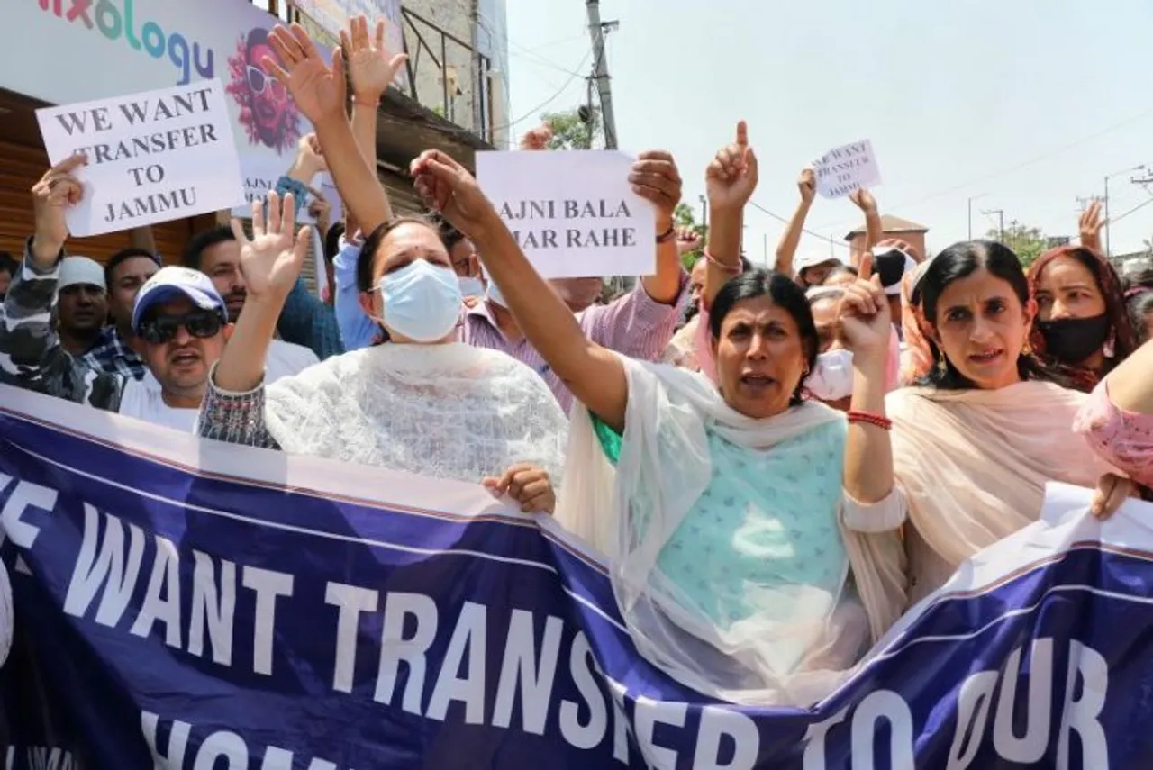 Kashmiri Pandits protesting against targeted killing in the valley