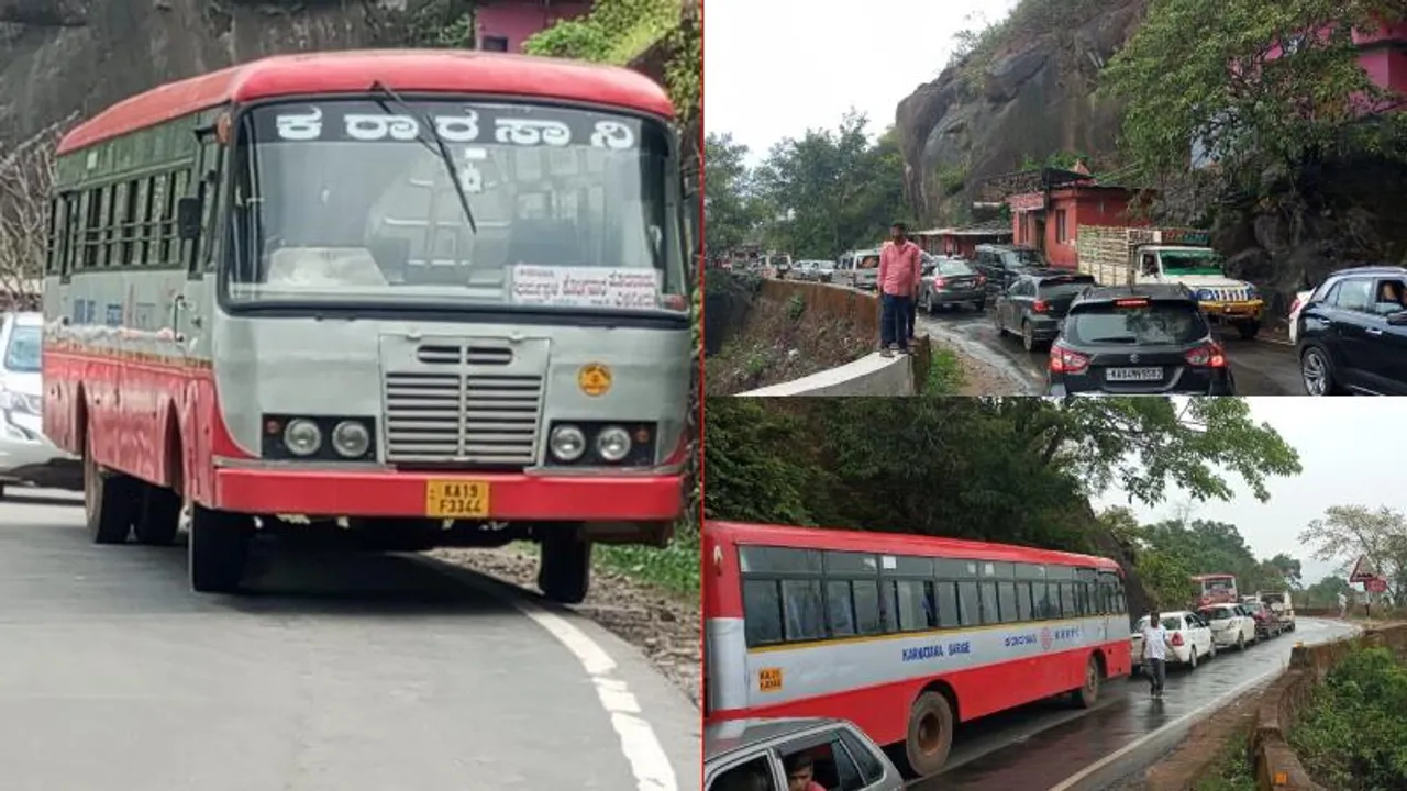 ರಸ್ತೆ ಮಧ್ಯೆ ಕೆಟ್ಟು ನಿಂತ 2 KSRTC ಬಸ್​..‌ ಕಿಲೋ ಮೀಟರ್​ವರೆಗಿನ ಟ್ರಾಫಿಕ್​ನಲ್ಲಿ ನಿಂತ ಆ್ಯಂಬುಲೆನ್ಸ್​; ಎಲ್ಲಿ?