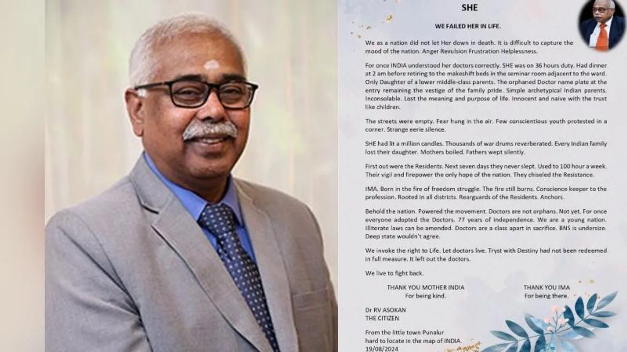ಕೋಲ್ಕತ್ತಾ ವೈದ್ಯೆ ಸಾವಿಗೆ ಮನಮಿಡಿದ IMA ಅಧ್ಯಕ್ಷ; ಕಣ್ಣೀರು ತರಿಸುತ್ತೆ ಅಶೋಕನ್ ಭಾವುಕ​ ಪತ್ರ