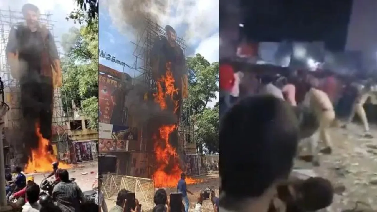 Jr NTR ‘ದೇವರ’ ನೋಡಲು ರೊಚ್ಚಿಗೆದ್ದ ಅಭಿಮಾನಿಗಳು; ಕಟೌಟ್​ಗೆ ಬೆಂಕಿ, ಲಾಠಿ ಚಾರ್ಚ್.. ವಿಡಿಯೋ​