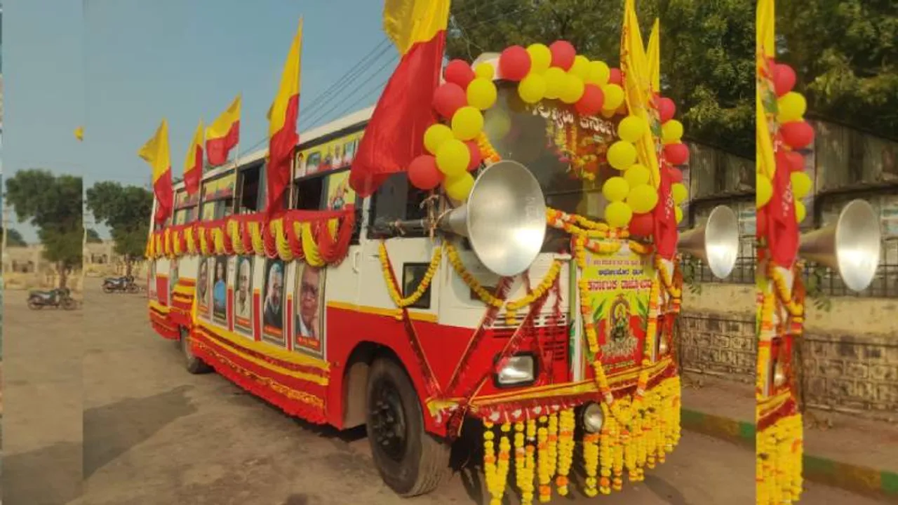 ಸಾಹಿತಿಗಳ ಫೋಟೋ, ಕನ್ನಡ ಹಾಡು, ಸಿಂಗಾರಗೊಂಡ ಸರ್ಕಾರಿ ಬಸ್​.. ​ಚಾಲಕನ ಕನ್ನಡ ಪ್ರೇಮಕ್ಕೆ ಎಲ್ರೂ ಫಿದಾ