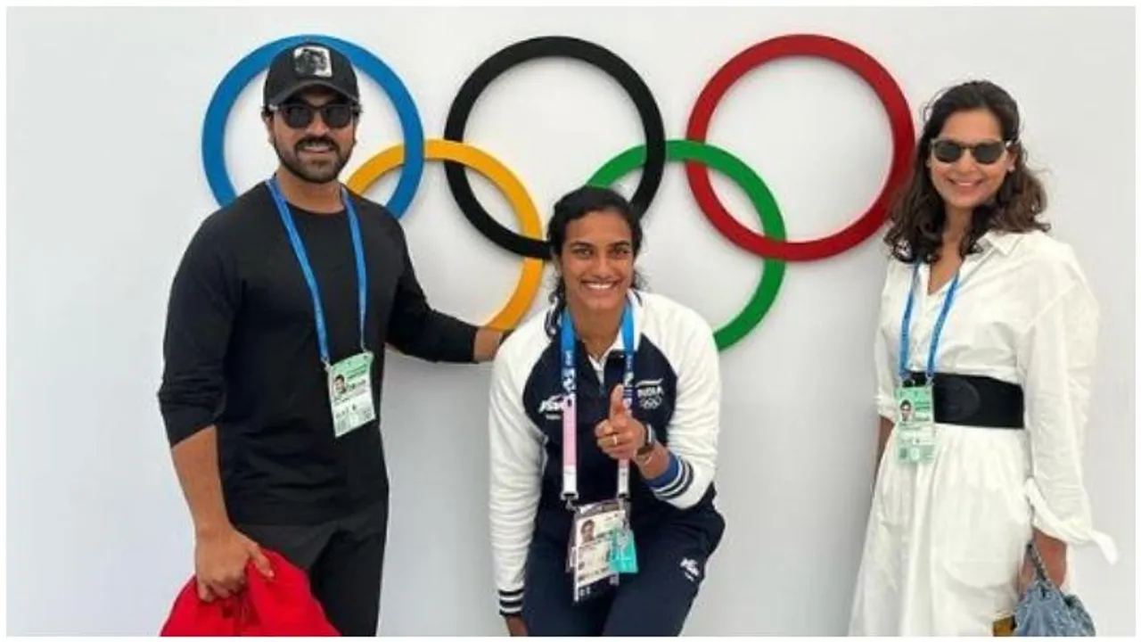 Ram Charan and Upasana cheer for PV Sindhu during their tour of Paris olympic village