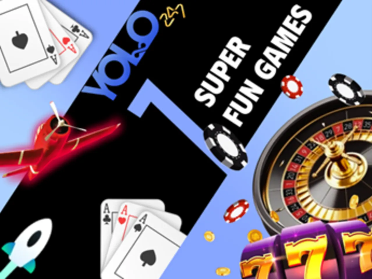 Graphic image with cards, roulette, chips, rocket, neon 777 slot, and Yolo247 SUPER FUN GAMES text on black band
