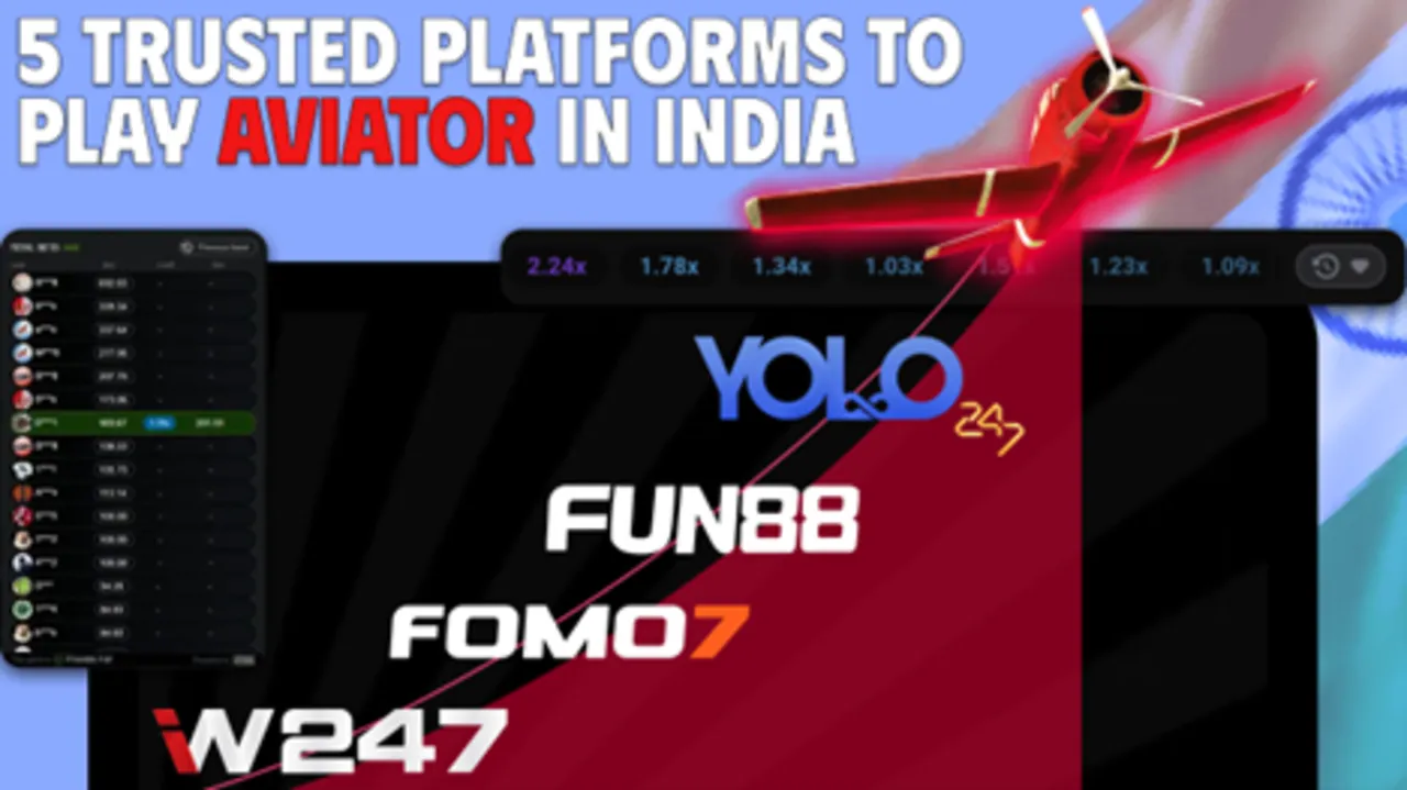 Graphic showing 5 Trusted Platforms to Play Aviator in India with a red airplane, a payout multiplier bar, and the logos of YOLO247, FUN88, FOMO7, and IW247 on a stylized background.