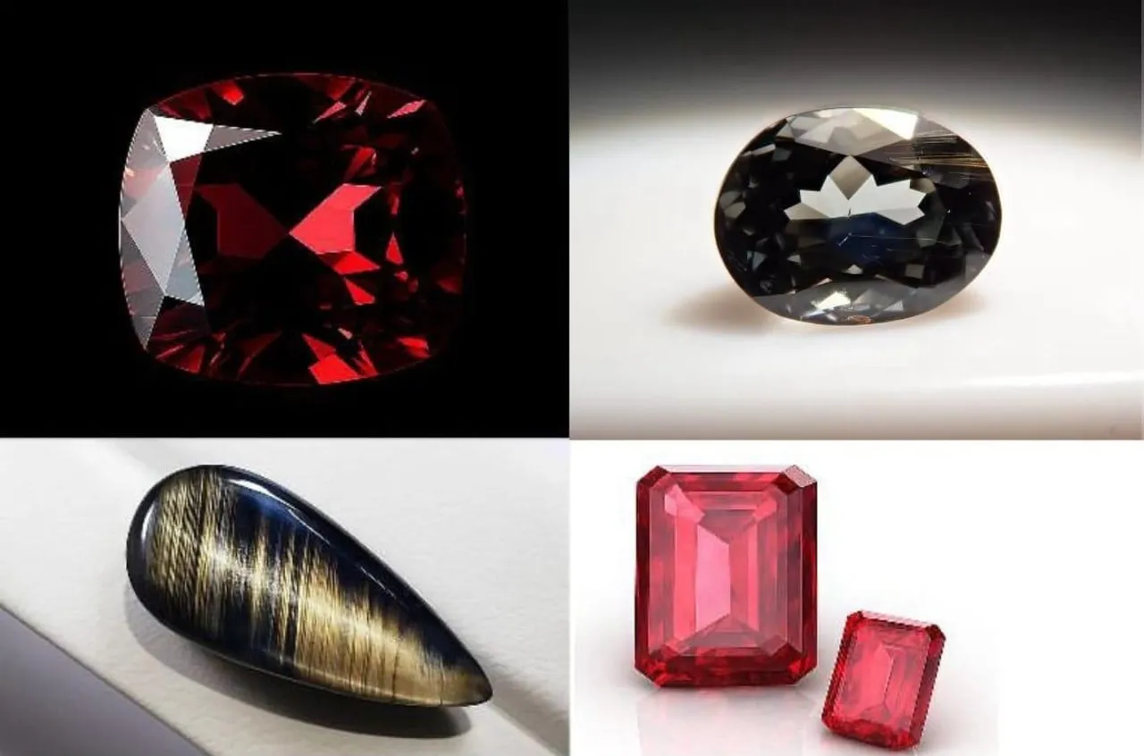Photo collage featuring Painite, Gold Sheen Sapphire, Red Beryl and Musgravite gemstones on a velvet background