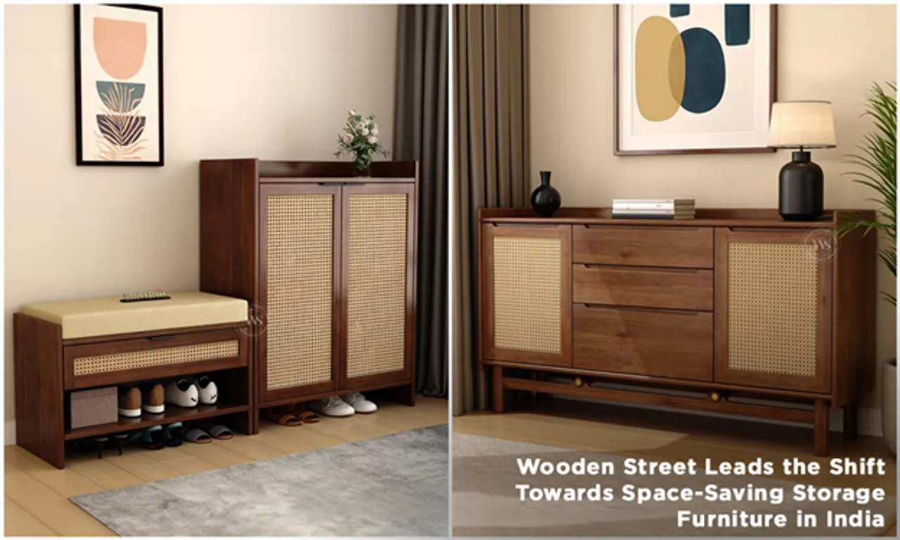 A modern Indian living room featuring Wooden Street’s modular furniture with hidden storage spaces
