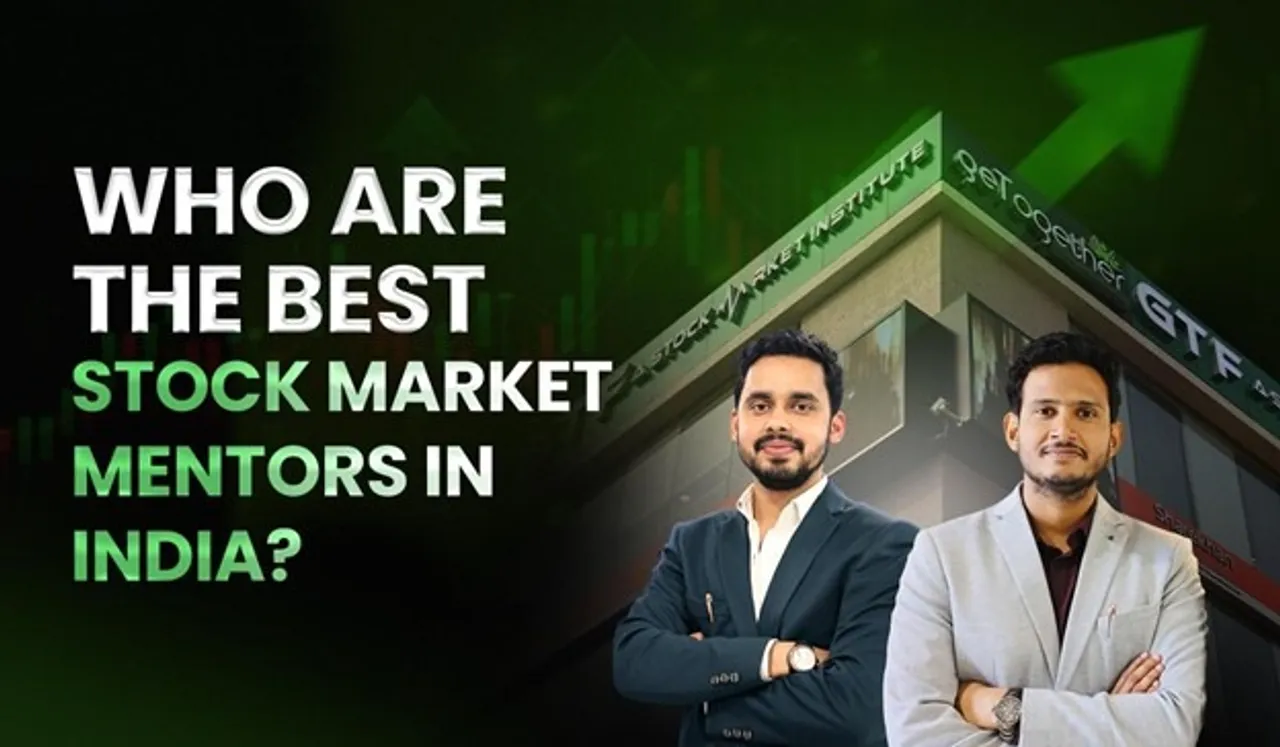 A collage of Indian stock market mentors with a learning-themed background