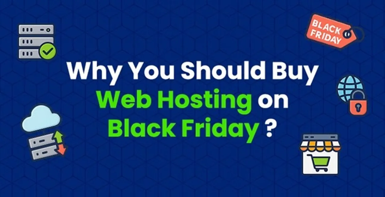 Illustration showing Black Friday discounts on web hosting plans with icons of servers, cloud, and WordPress.
