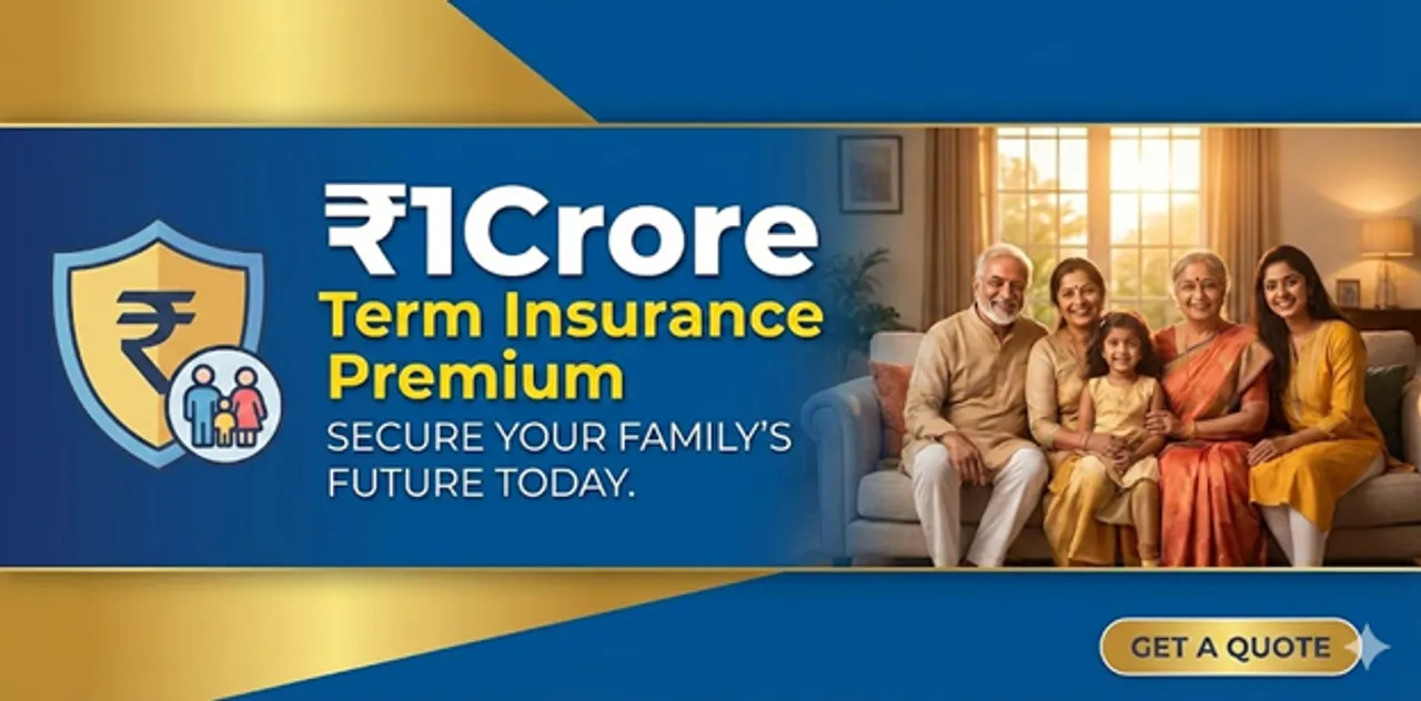 Term insurance premium calculator showing ₹1 Crore policy costs by age, health and riders