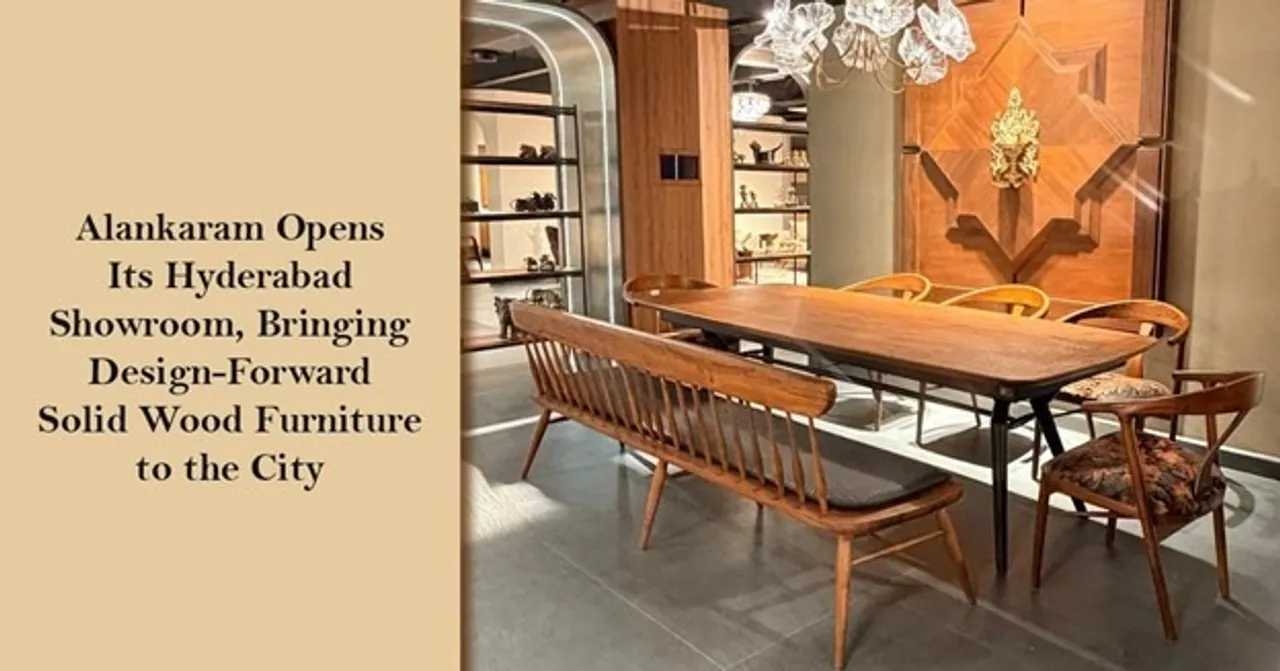 Alankaram's expansive 3-floor Hyderabad showroom displaying solid teakwood dining, living and bedroom furniture in immersive lifestyle settings