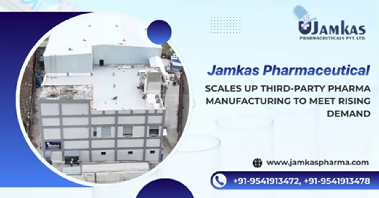 Modern Jamkas Pharmaceuticals manufacturing facility with automated production lines producing antibiotics and antidiabetic tablets