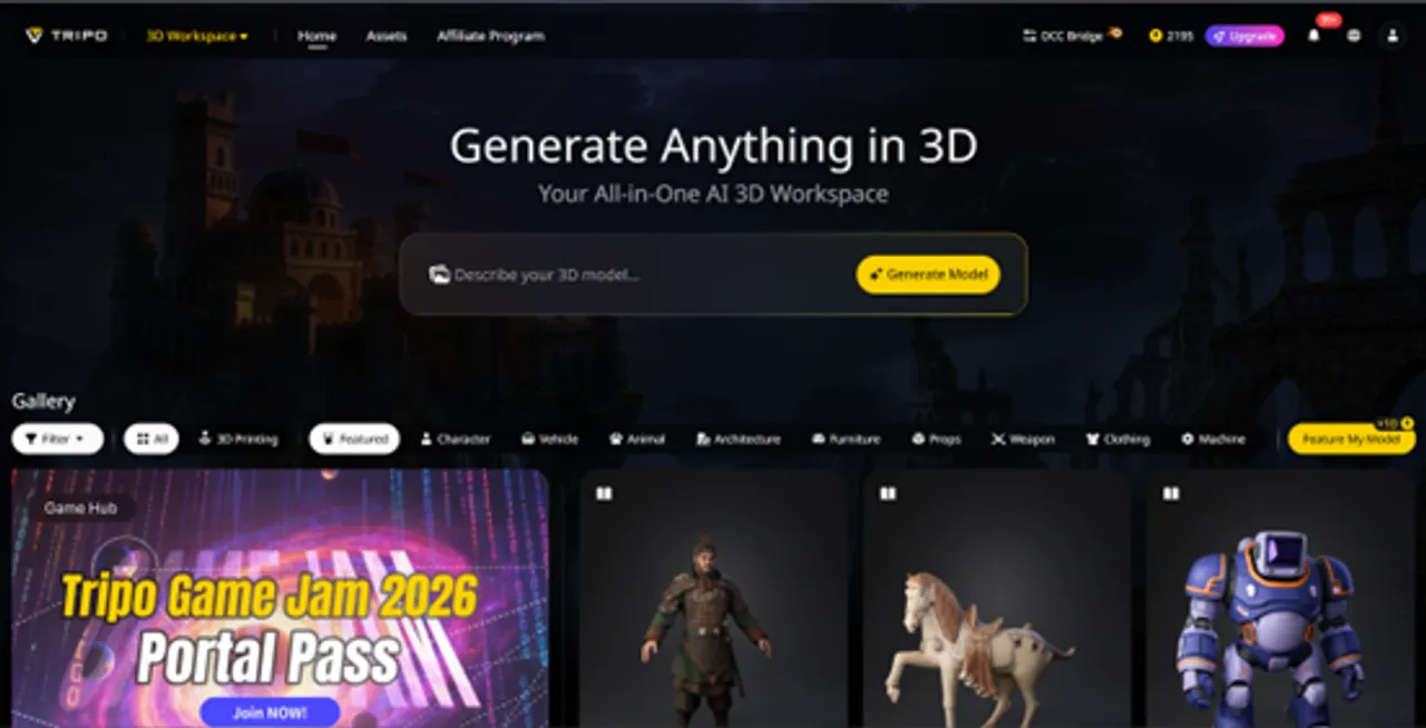 Tripo Studio का AI-संचालित 3D मॉडल जेनरेटर जो टेक्स्ट और इमेज से उच्च गुणवत्ता वाले 3D मॉडल तैयार करता है।