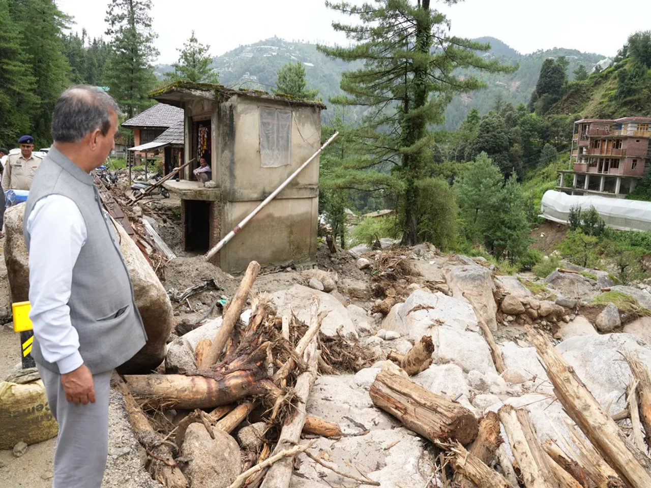 Himachal CM Sukhu touring various flood-hit locations in Mandi district on Wednesday. (Photo/ANI)