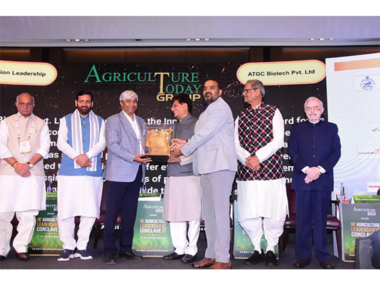 Dr. Markandeya Gorantla - CMD, and  Dr. V.B. Reddy, - Executive Director of ATGC Biotech receiving the award from Shri. Piyush Goyal, Hon.Minister of Commerce and Industry