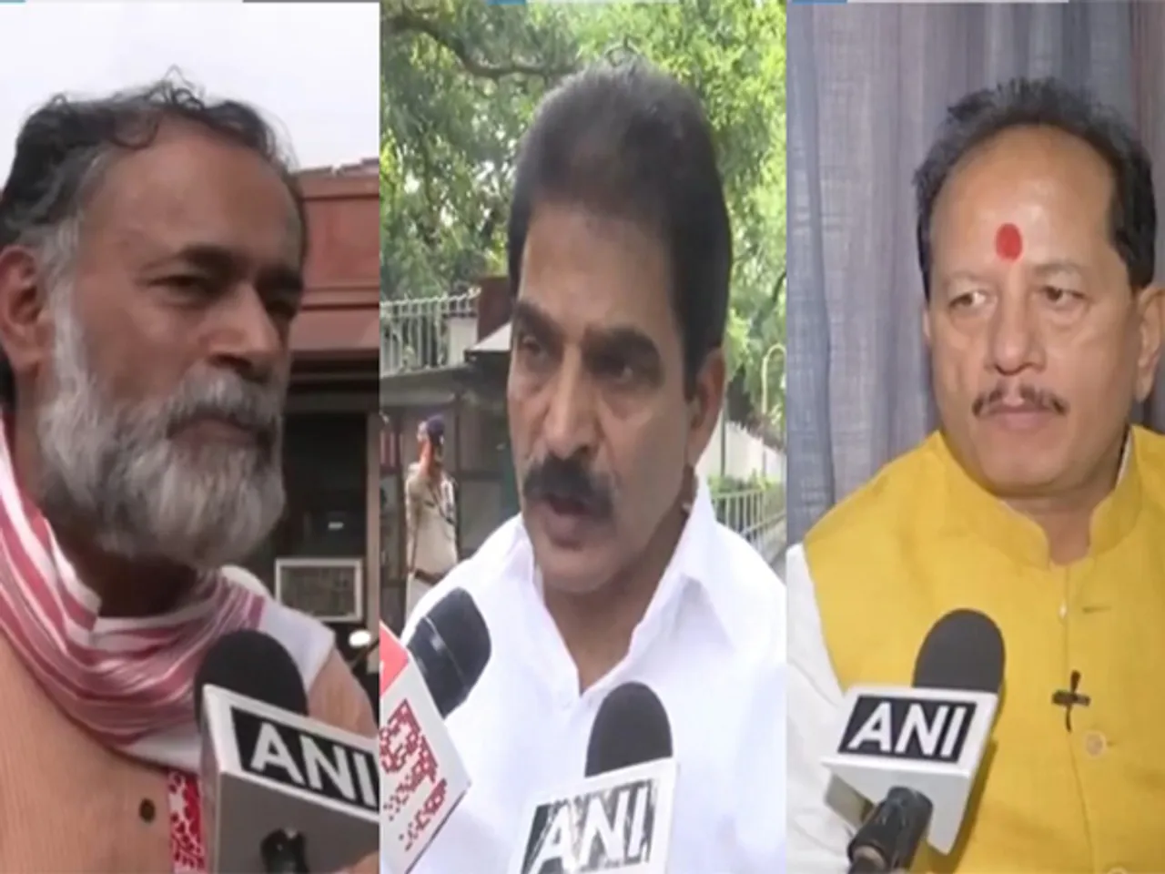 Swaraj Party leader Yogendra Yadav (L), Congress leader KC Venugopal (C) and Bihar Deputy CM Vijay Sinha (R)