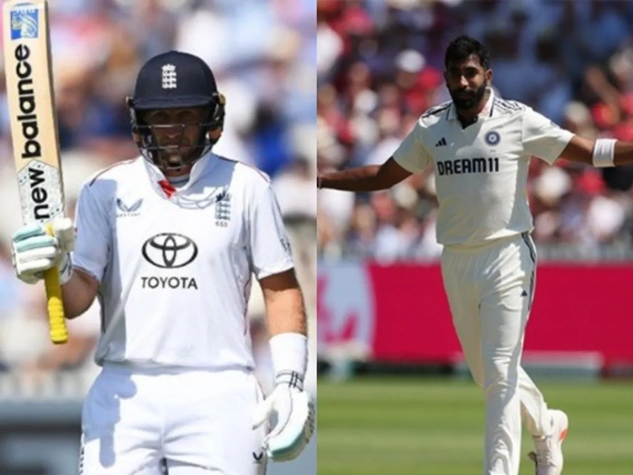 England batter Joe Root (L) and India bowler Jasprit Bumrah (R). (Photo: X/@BCCI)