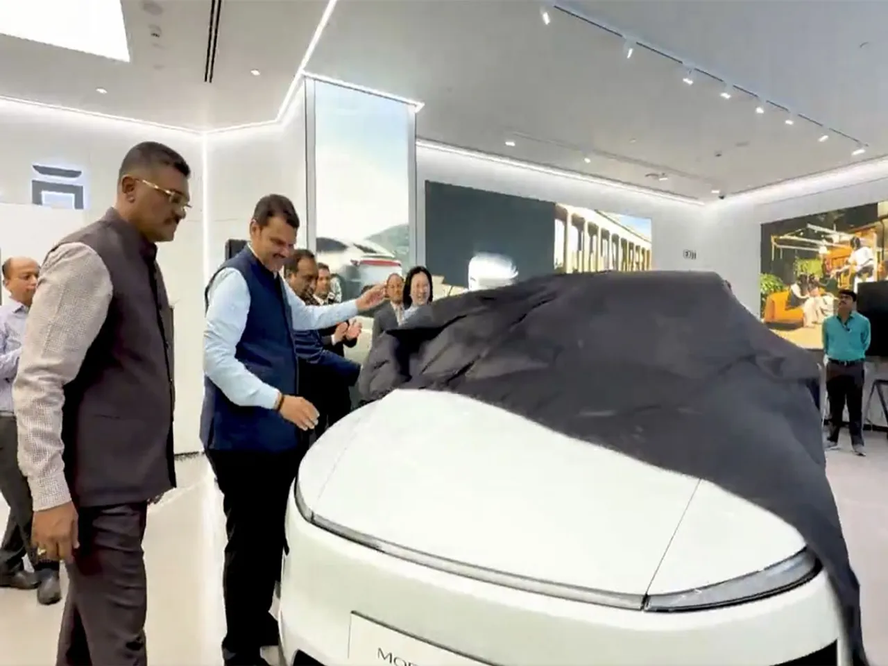 Maharashtra CM Devendra Fadnavi unveils Tesla Model Y (Photo/Maha CMO)