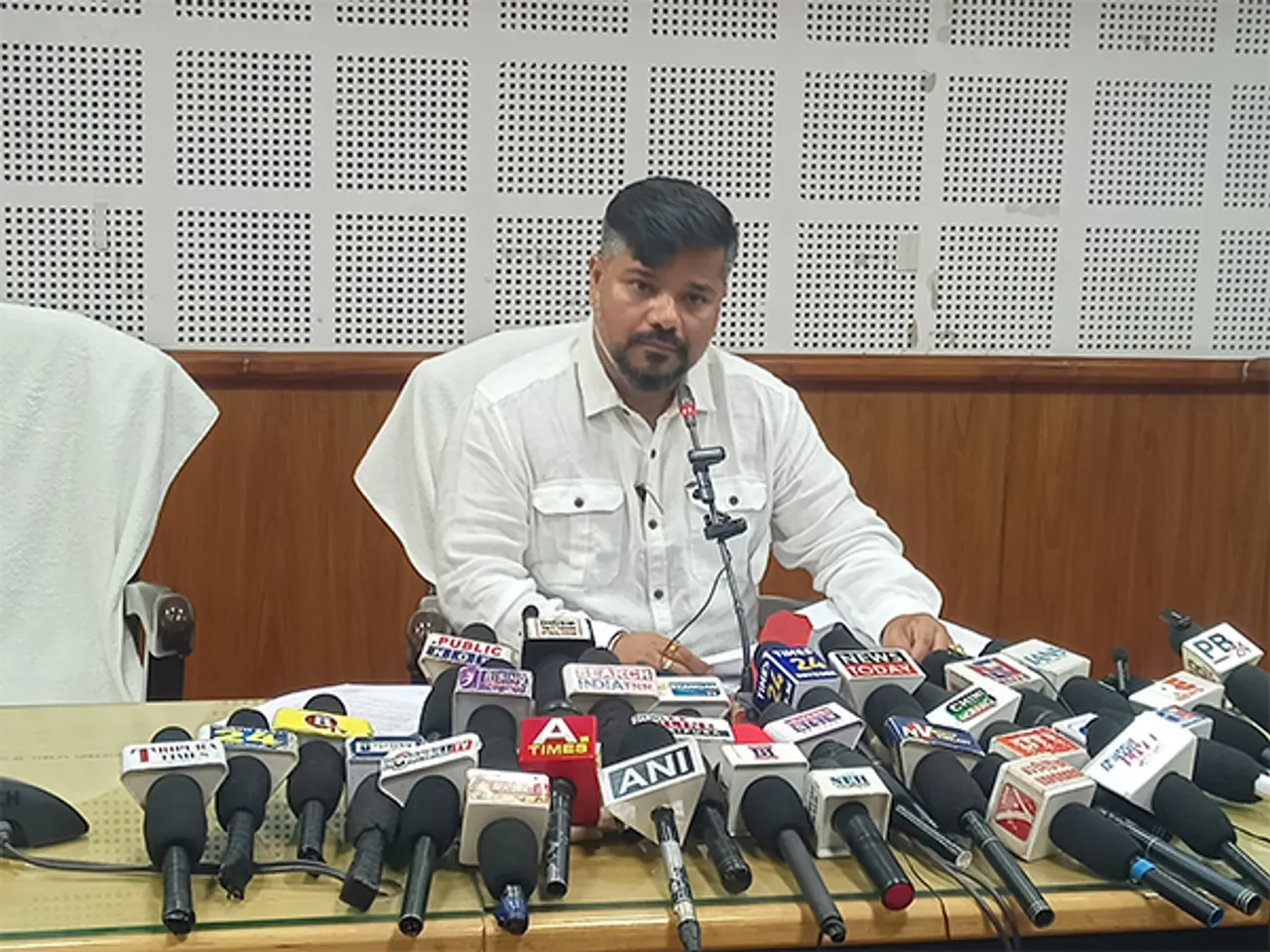 Tripura Minister Sushanta Chowdhury during the cabinet briefing in Agartala. (Photo/ANI)