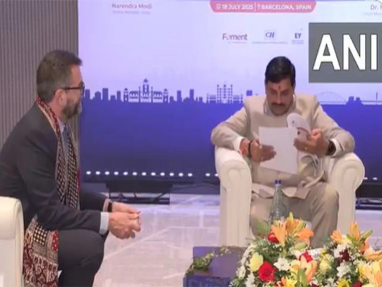 Madhya Pradesh Chief Minister Mohan Yadav meets Pau Abelló Pellicer, Senior Managing Director of Institutional Relations at Roca Group, in Barcelona to explore investment opportunities (Photo/ANI)