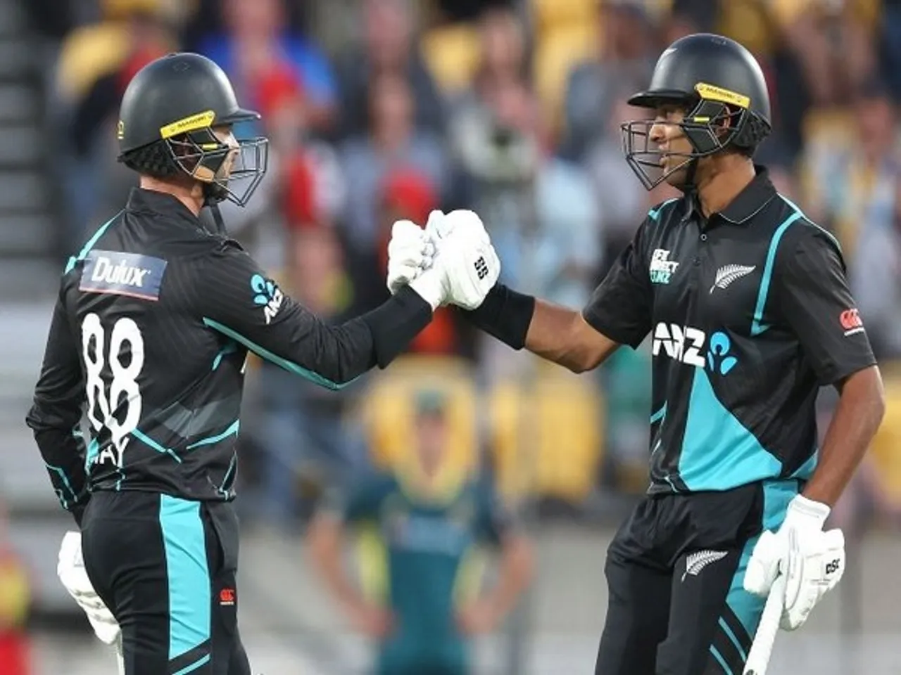 New Zealand batters Rachin Ravindra and Devon Conway. (Picture: ICC/X)