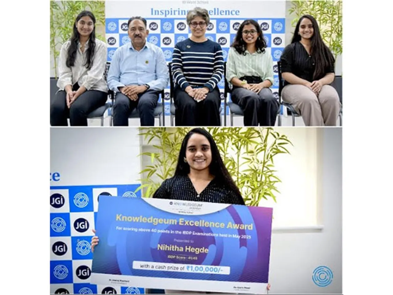 Top: The achievers with Aparna Prasad, Founder - Knowledgeum and Head of School - Kalai Rajan. Bottom: Nihitha Hedge - one of the top scorers - conferred with the Knowledgeum Excellence Award