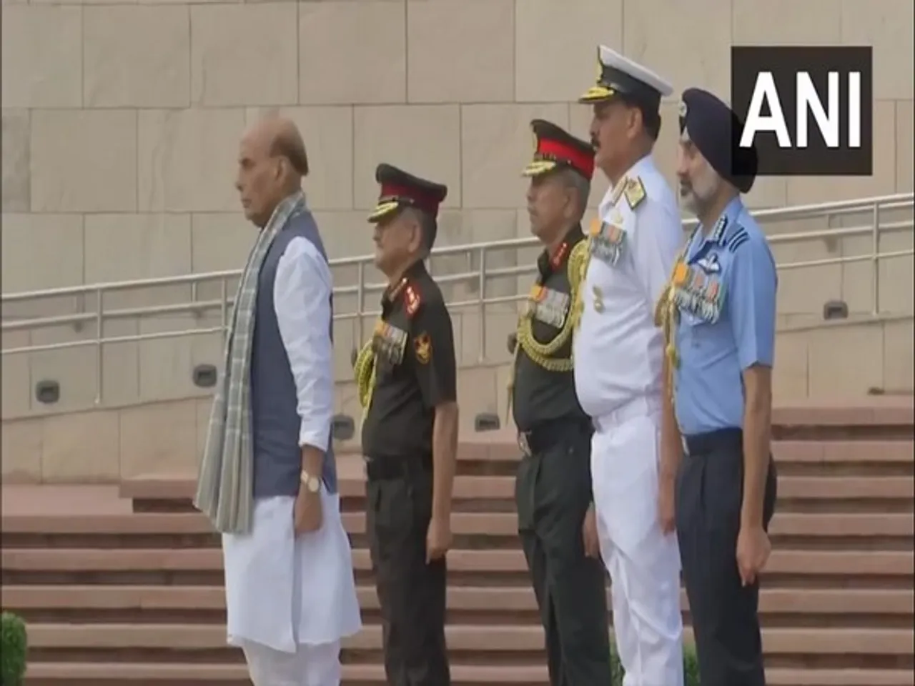 Union Defence Minister Rajnath Singh, Defence Staff and tri-services chiefs pay tribute to soldiers at National War Memorial. (PhotoANI)