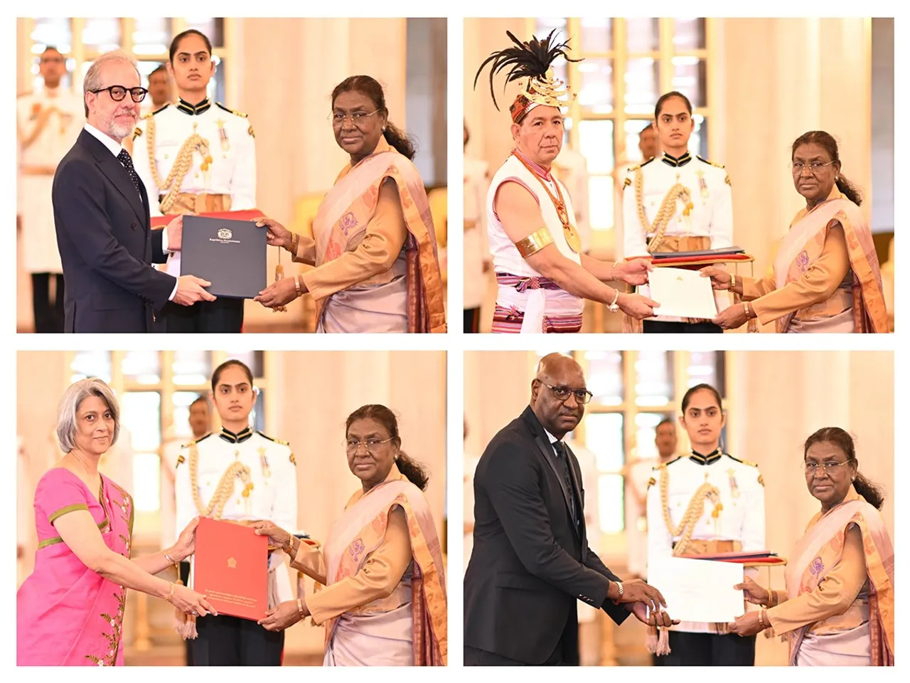 President Droupadi Murmu with the newly appointed envoys of the Dominican Republic, Timor-Leste, Sri Lanka, and Gabon during the credentials presentation ceremony at Rashtrapati Bhavan, New Delhi (Image: X/@rashtrapatibhvn)