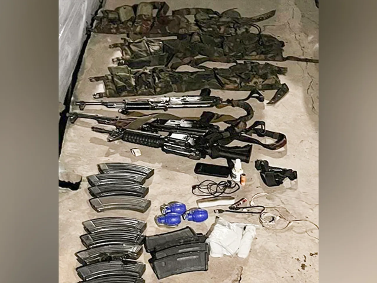 Army, JK Police and CRPF recover two AK Series Rifles, one M4 Rifle, and a large quantity of ammunition and warlike stores from Pakistani terrorists (Image/ANI)
