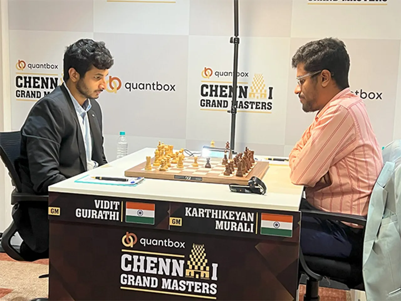 Vidit Gujrathi & Karthikeyan Murali during Masters Round 7 of the Chennai Grand Masters (Photo: MGD1)