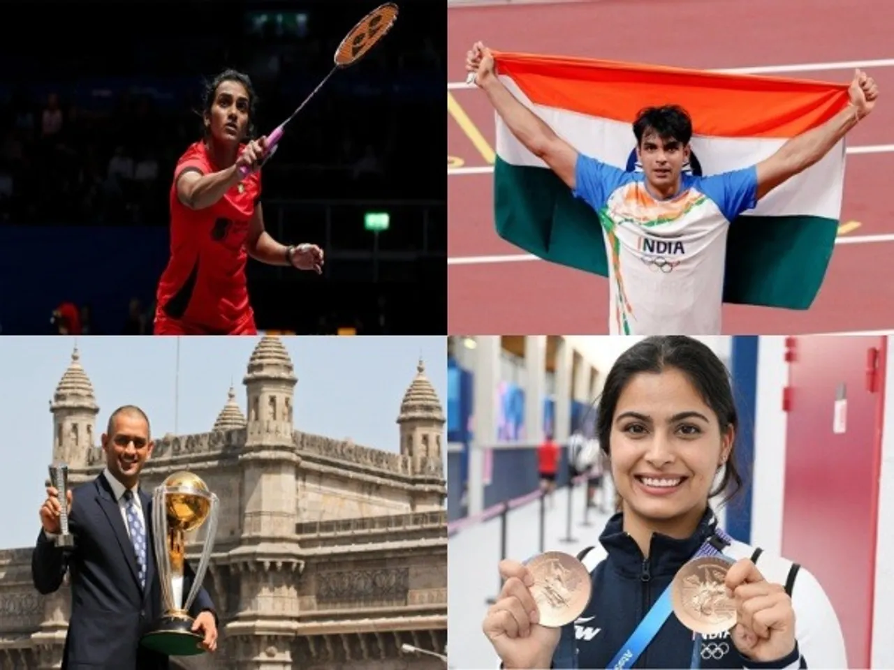 PV Sindhu, Neeraj Chopra, MS Dhoni and Manu Bhaker. (Photo: Badminton Photo/file image/ICC/@realmanubhaker
