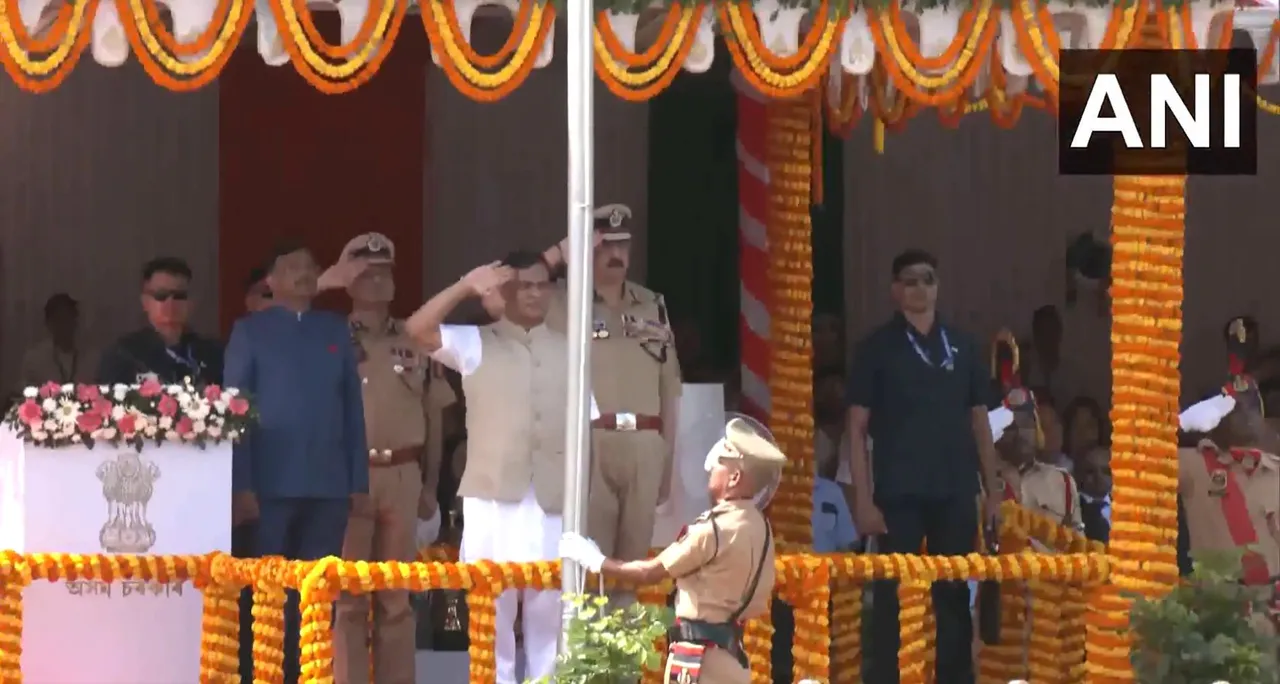Assam Chief Minister Himanta Biswa Sarma hoisting the Tricolour at Veterinary College Field, Khanapara in Guwahati (Photo/ANI)