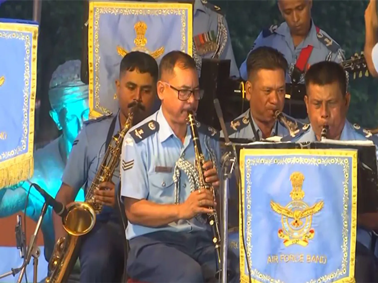 No. 7 Air Force Band performs at War Memorial, Digholi Pukhuri, Guwahati on Independence Day (Photo/ANI)