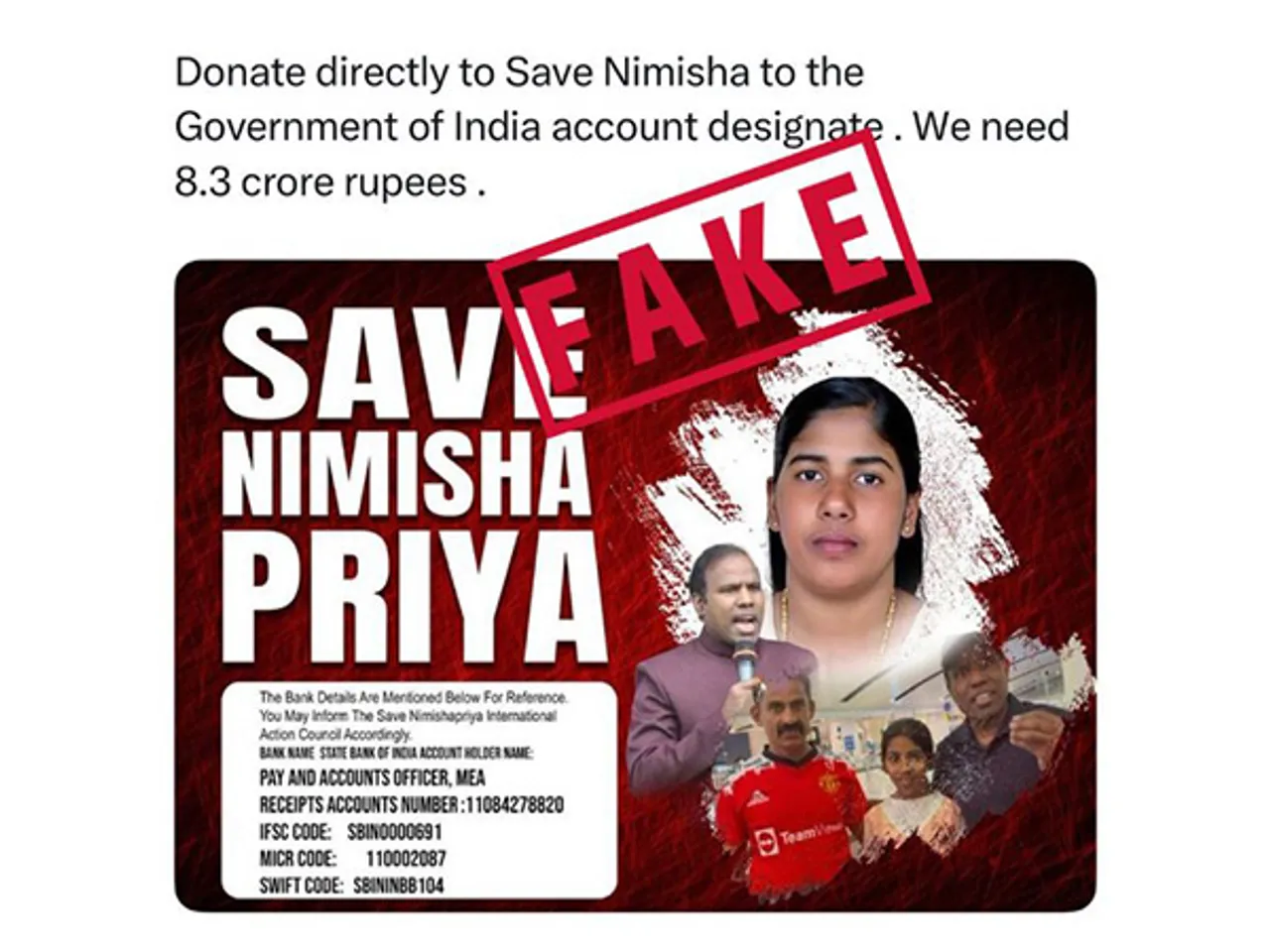 MEA flags fake social media post asking for donations in Nimisha Priya case (Image: X/@MEAFactCheck)