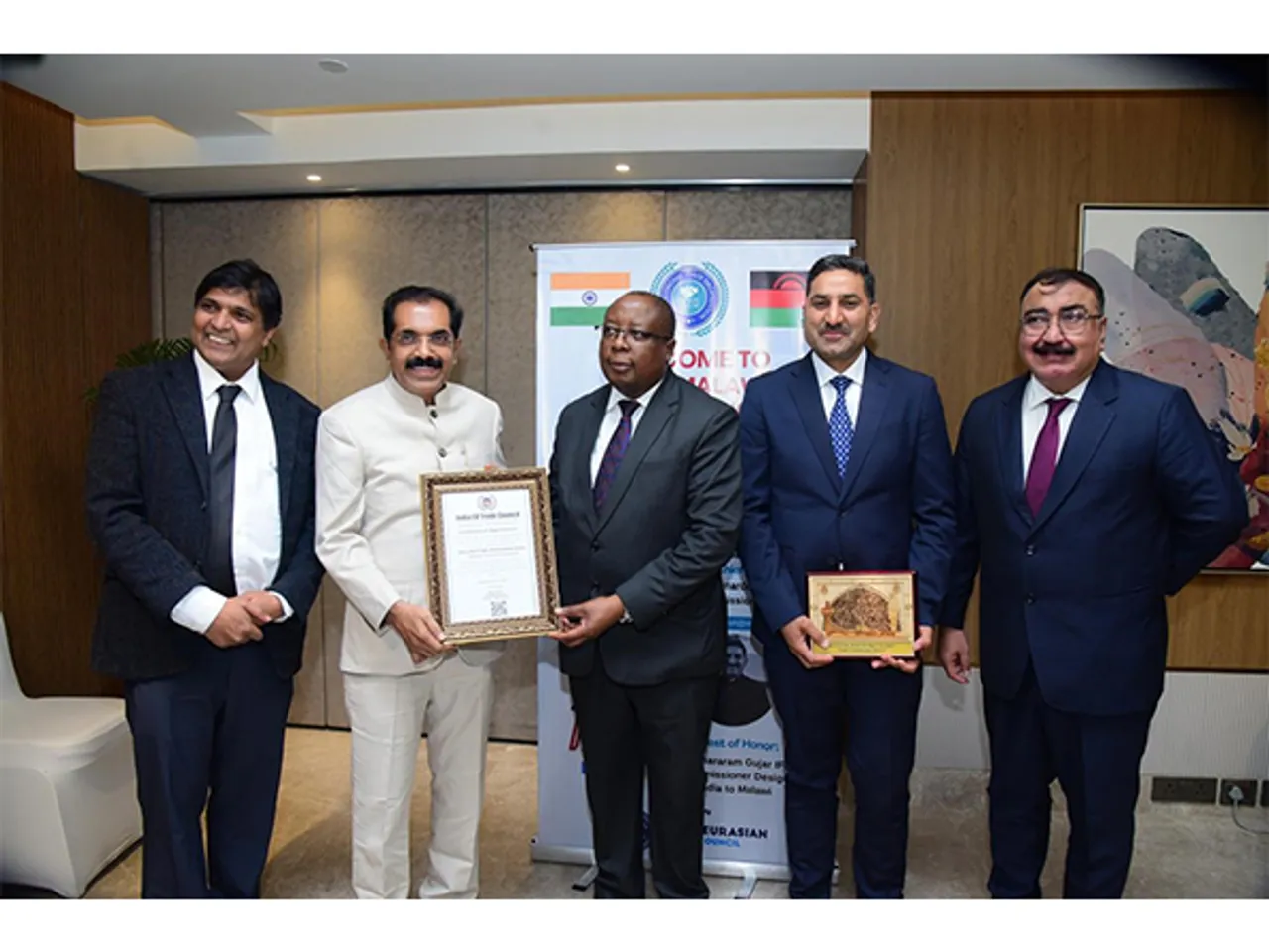 Amraram Gurjar, Leonard Mengezi, reps from India–Commonwealth & India–Africa councils, Asif (IETO), Prakash Soni (INDIA–SADC), Dr P B Boss (Chairman Osaka Group of Companies).