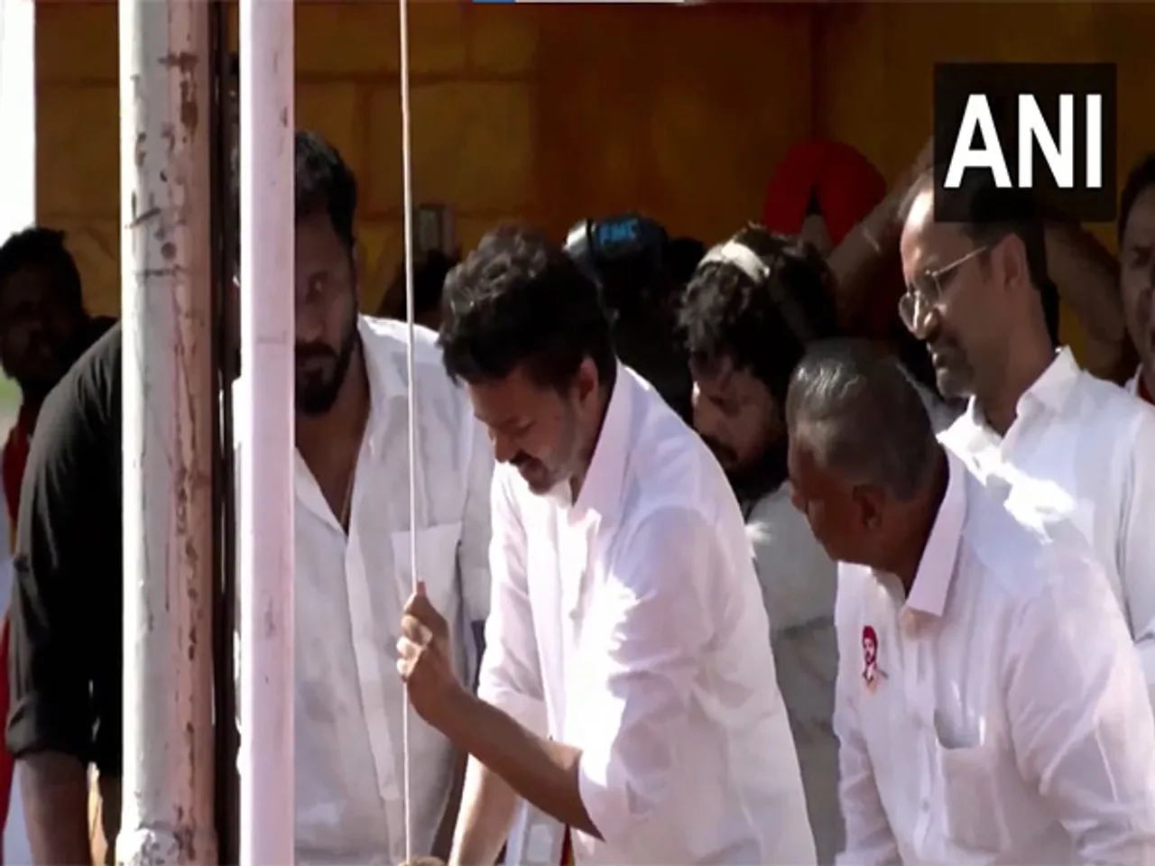 TVK chief and Actor Vijay hoists party flag