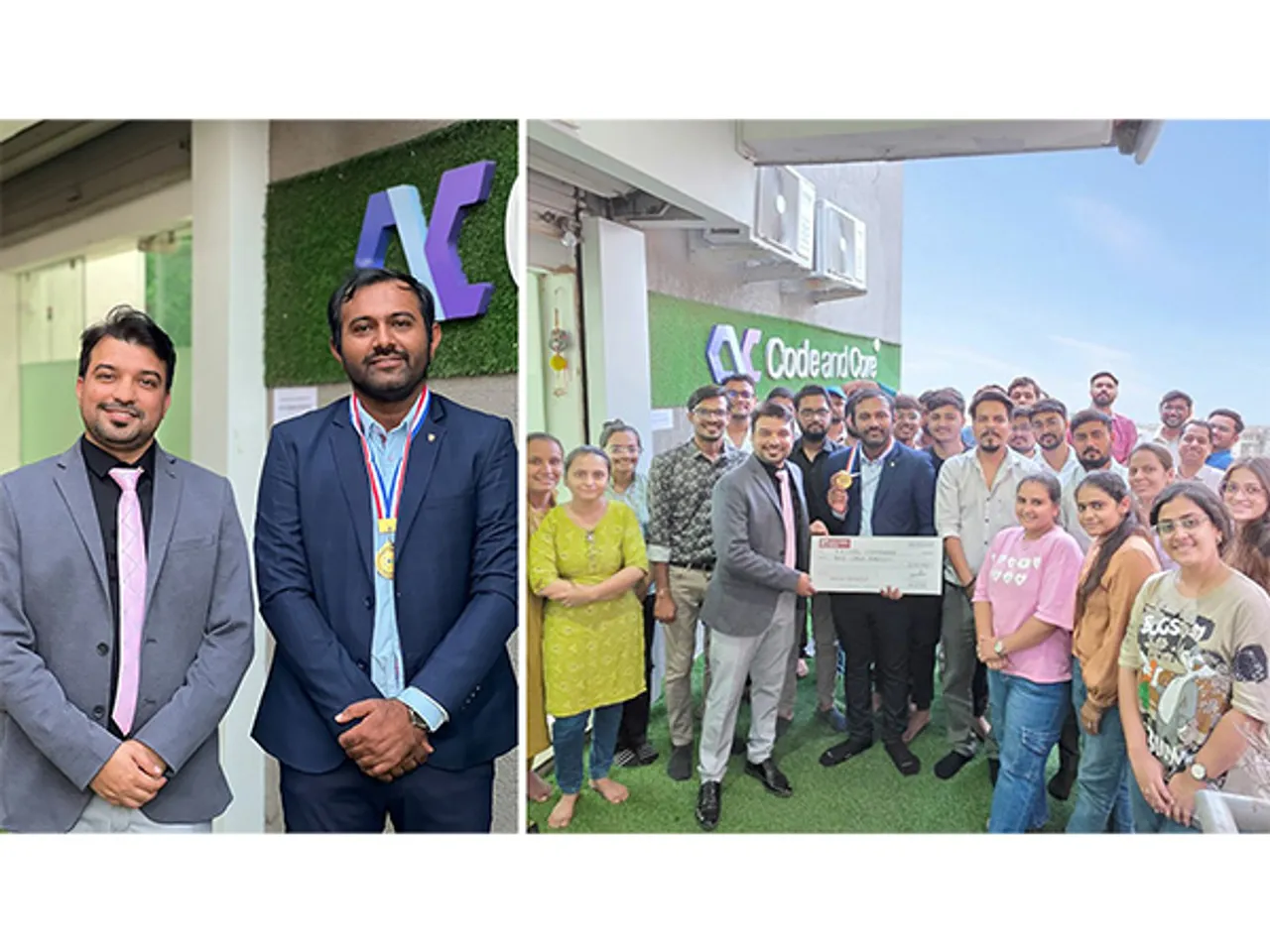 Mayur Soni, CEO of CodeandCore (Left), honors Krunal (Right), wearing his medal, on completing 8 years with the company. The CodeandCore family celebrates him with a ₹1,00,000 loyalty award cheque