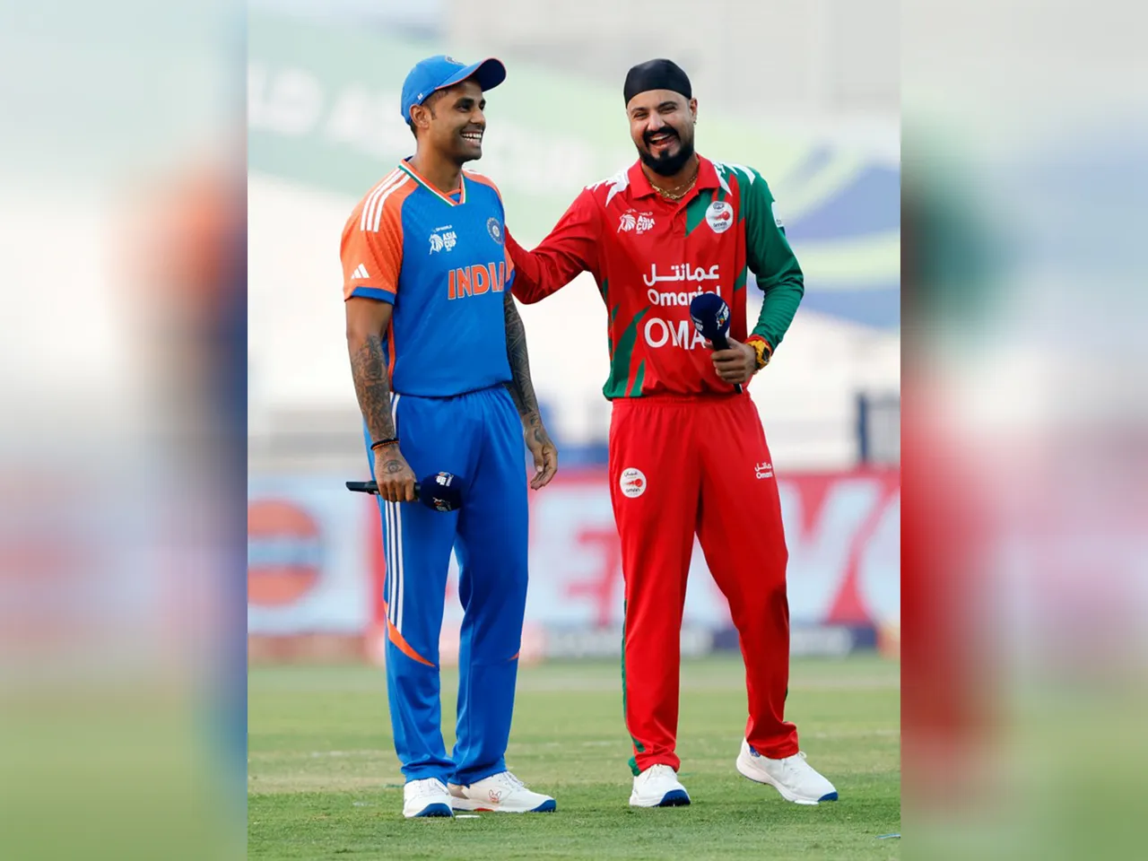 India T20I skipper Suryakumar Yadav and Oman captain Jatinder Singh (Photo/ANI)